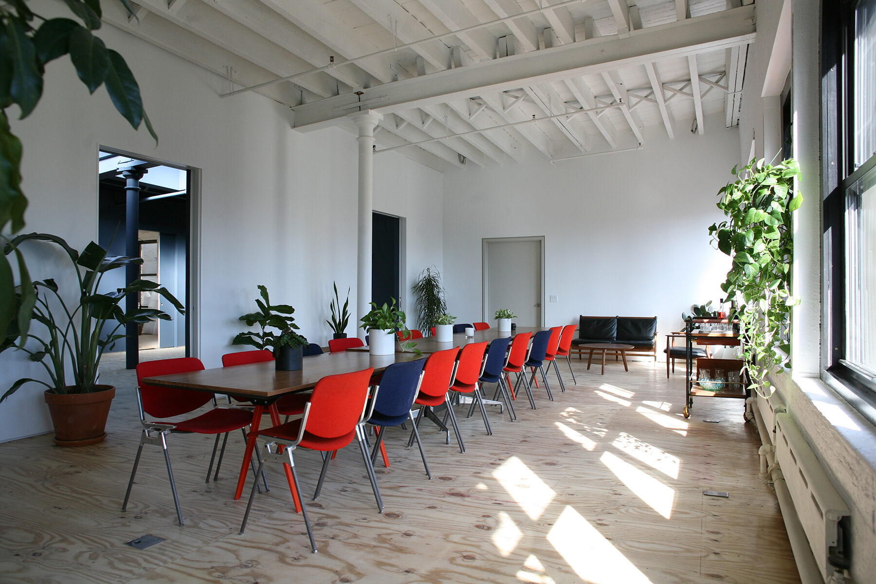 Open studio with a long table of red and blue chairs, plants, and tall windows